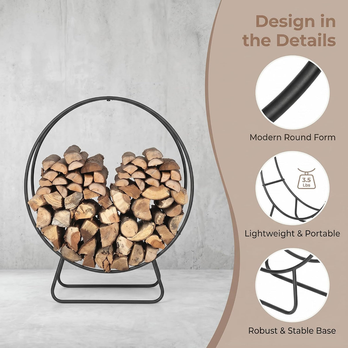 firewood rack outdoor, 24 inch round firewood storage, close-up detail