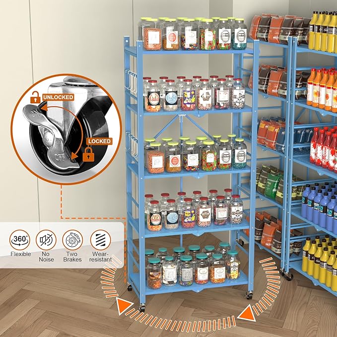 Storage Shelves with 20 Hooks, 5-Tier Foldable Shelf