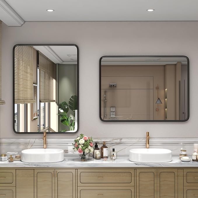 28x36 Black Bathroom Mirror for Wall, Matte Black Metal Framed Bathroom Vanity