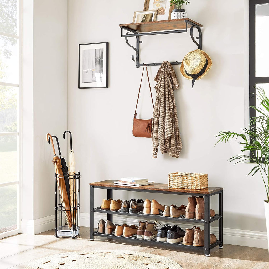 vasagle 3-tier shoe rack, storage bench with metal shown in use