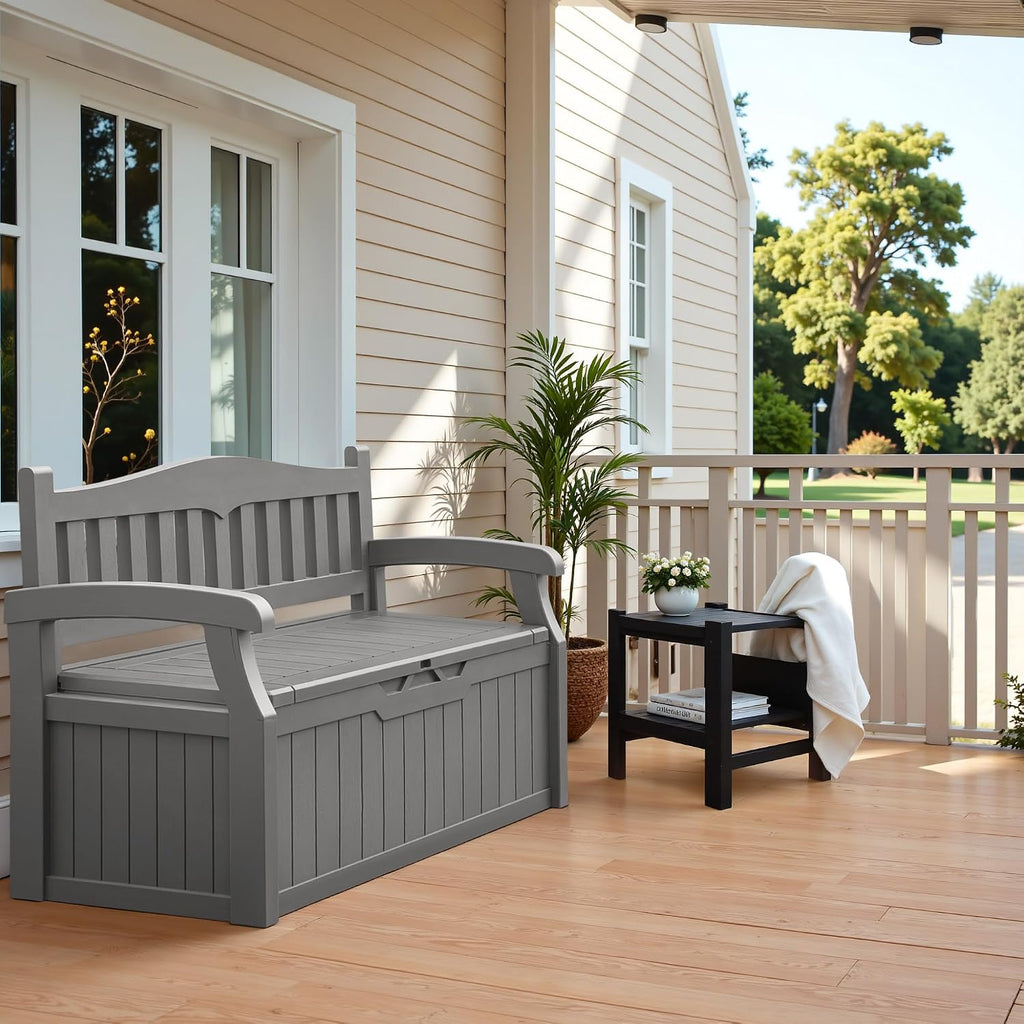 flamaker 80 gallon storage bench, deck box with shown in use