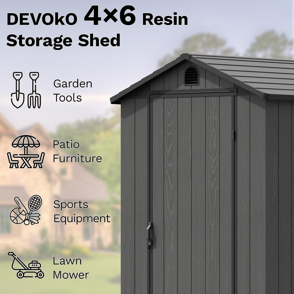 devoko 4×6 ft resin storage sheds with floor showing dimensions