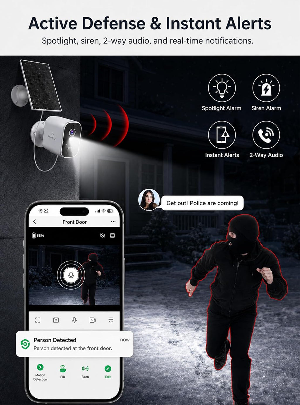 symynelec 2k solar security cameras wireless outdoor, 2-pack, side view