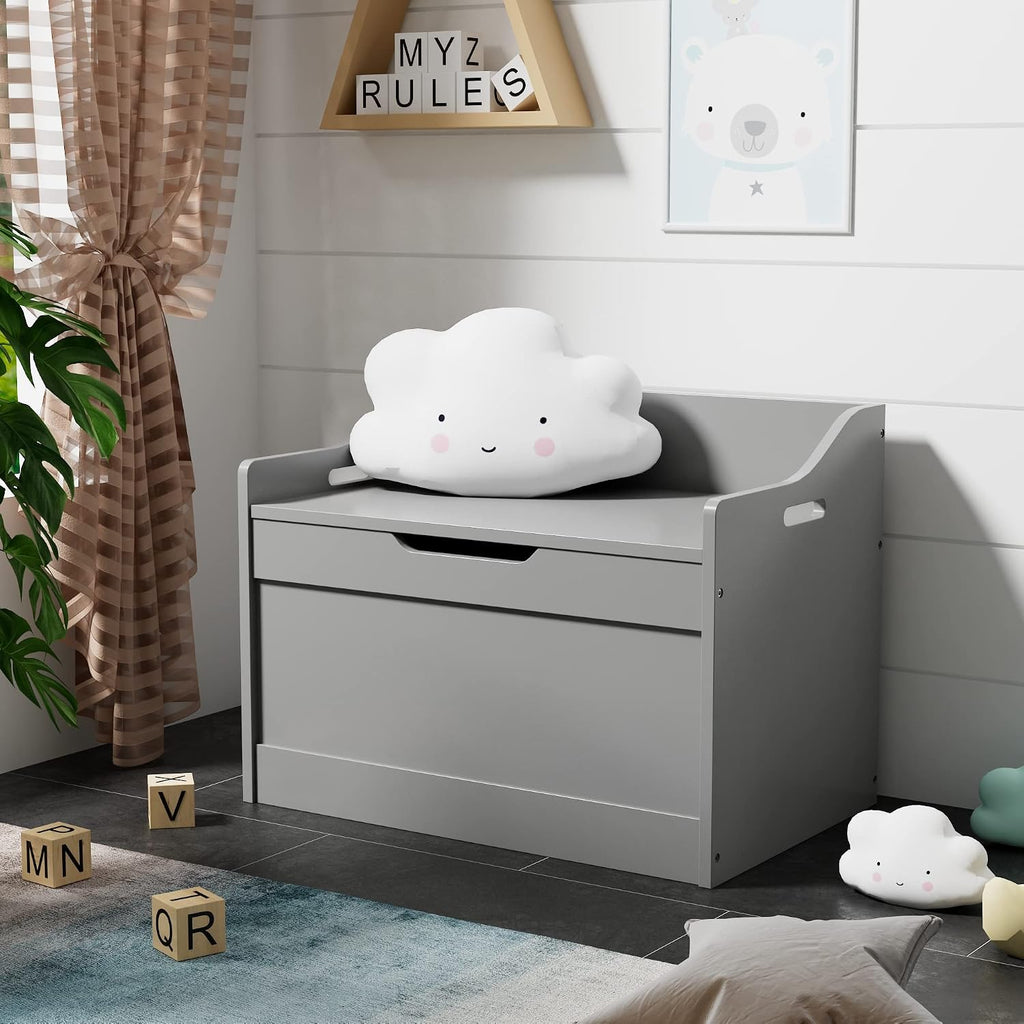 RAAMZO Wood Modern Storage Bench Box Blanket Chest Trunk with Safety Hinged Lid in Grey Finish
