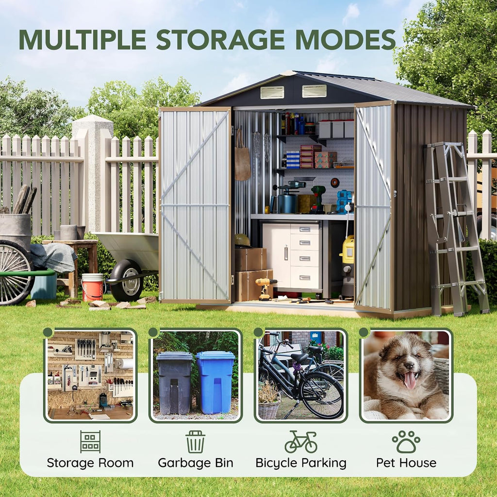6 ft metal storage shed for backyard, brown, close-up detail