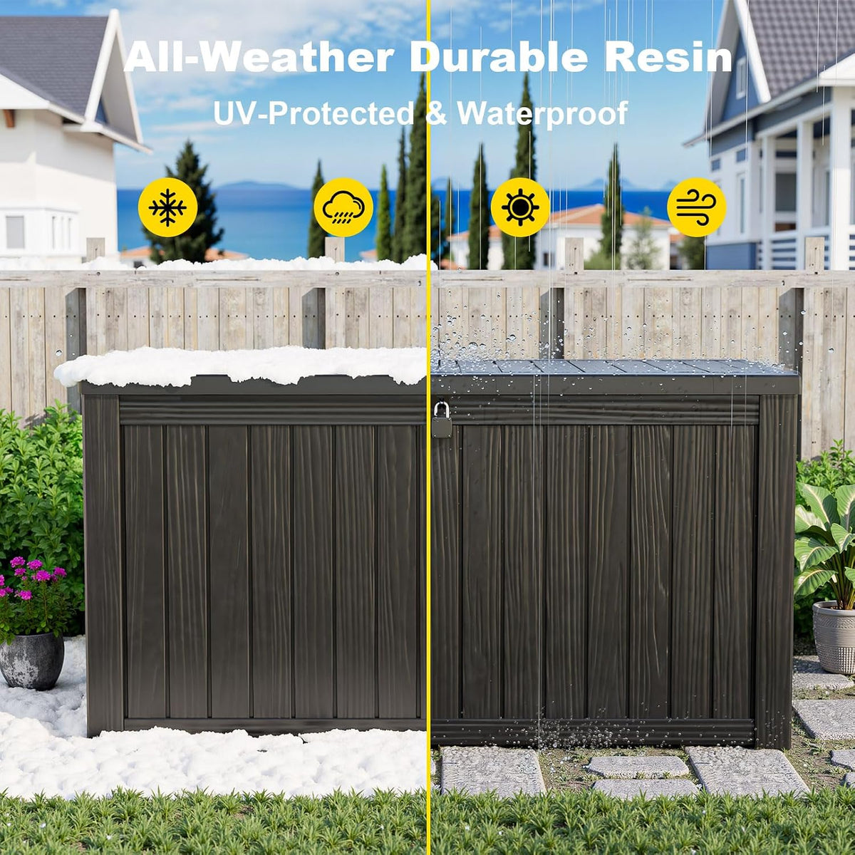 patiozen 180 gallon resin deck box, lockable weatherproof on a desk or shelf