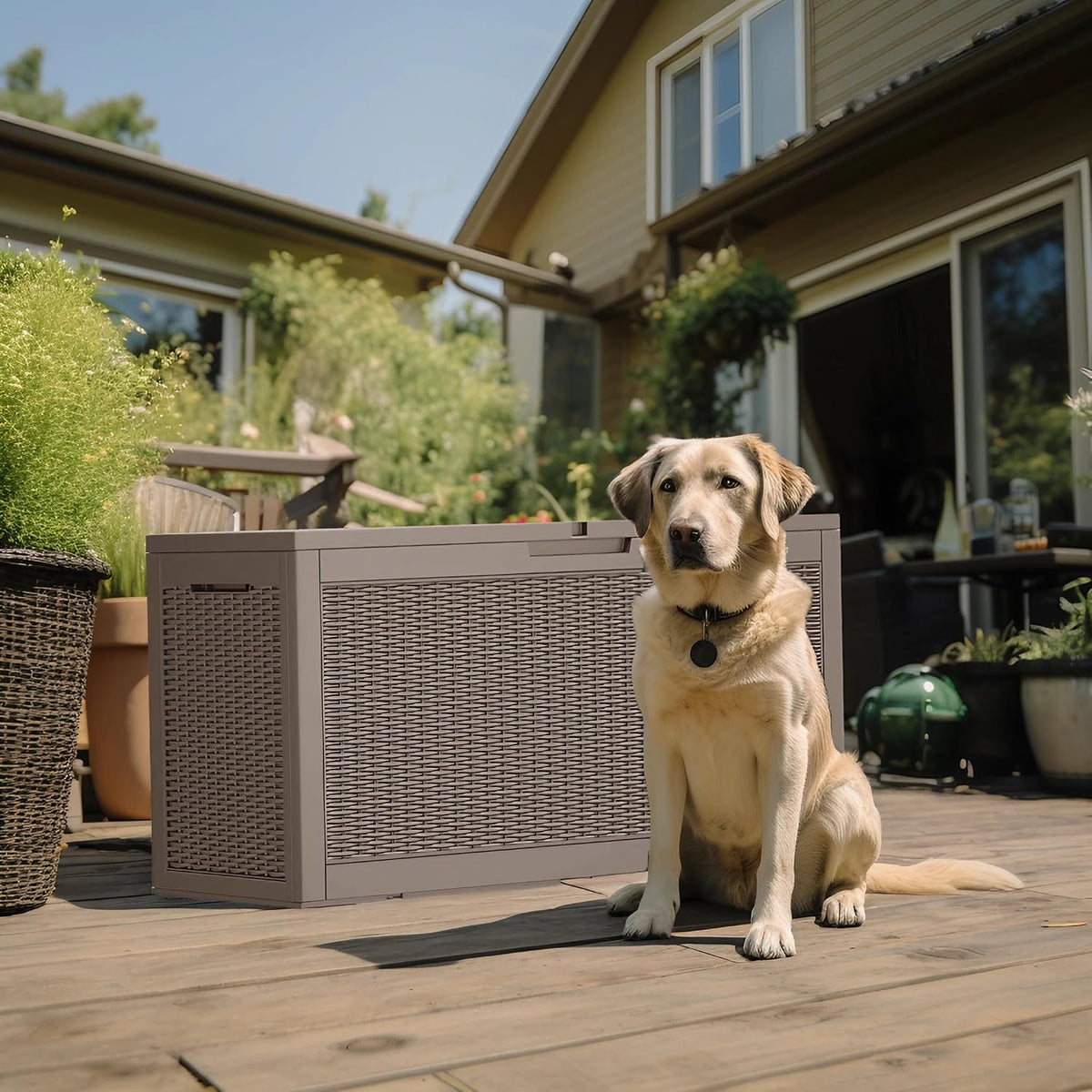 vixzen 120 gallon deck boxes outdoor waterproof, resin showing dimensions