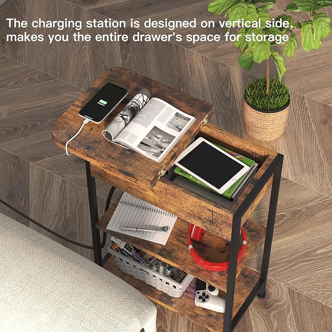 LIDYUK End Table with Charging Station, Flip Top Side Table with USB Ports and