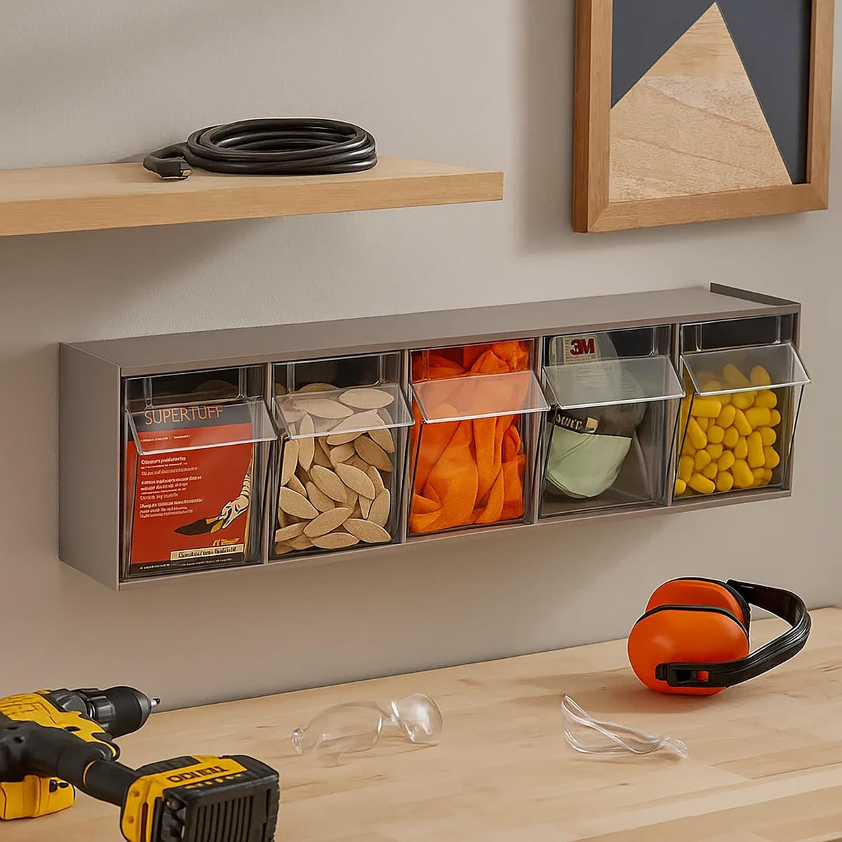 akro-mils tiltview plastic storage cabinet with 5 tilt shown in use