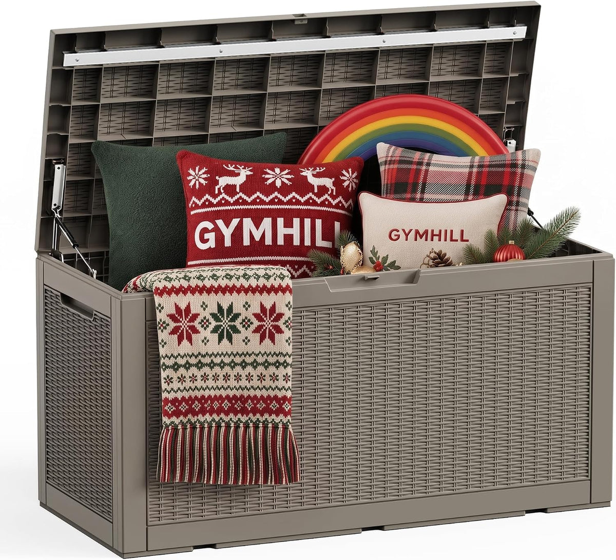 140 gallon deck box, lockable waterproof resin storage shown in use