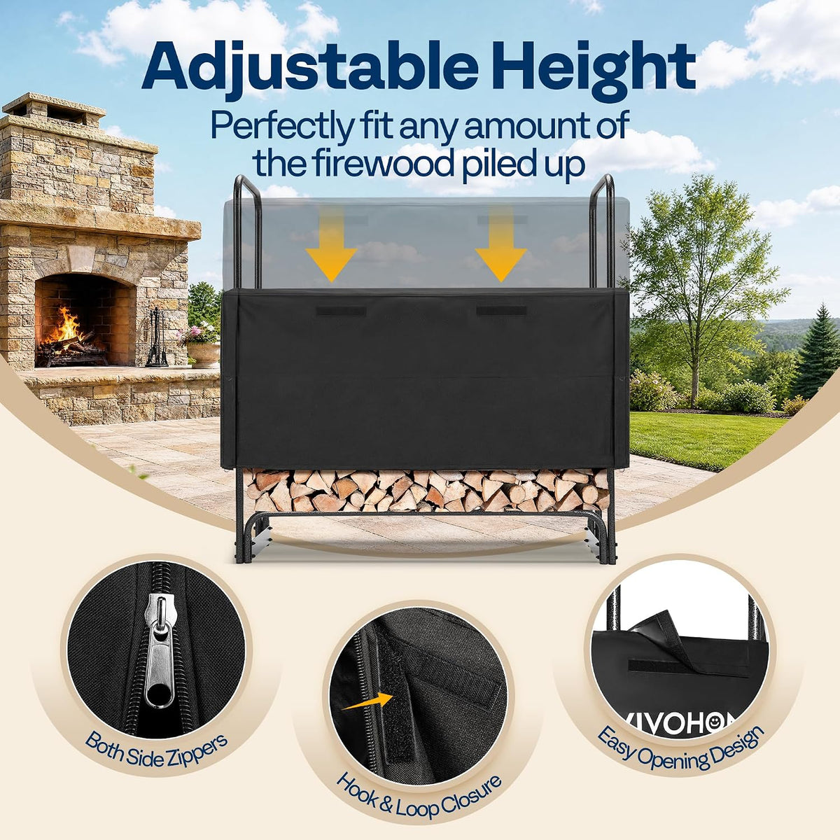 vivohome 4ft waterproof log rack cover showing dimensions