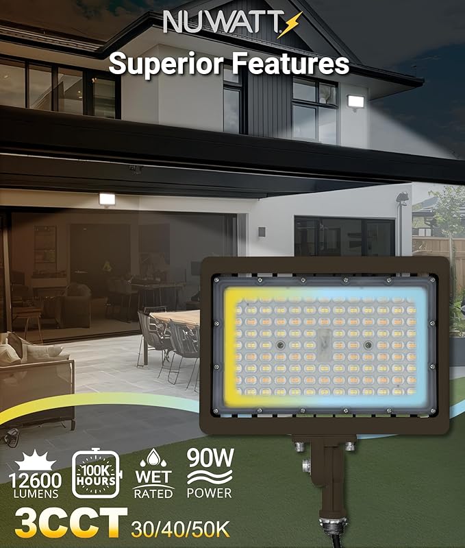 NUWATT 90W LED Flood Light, 3CCT 3000K/4000K/5000K Selectable, IP65 Waterproof