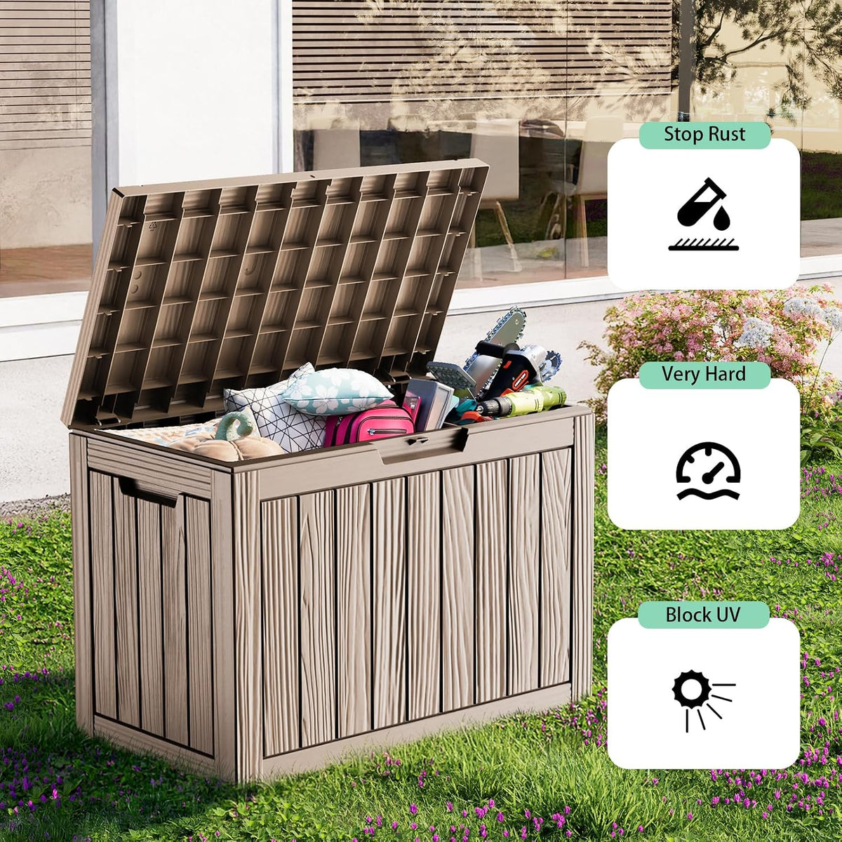 60 gallon outdoor waterproof storage box, uv resistant, close-up detail