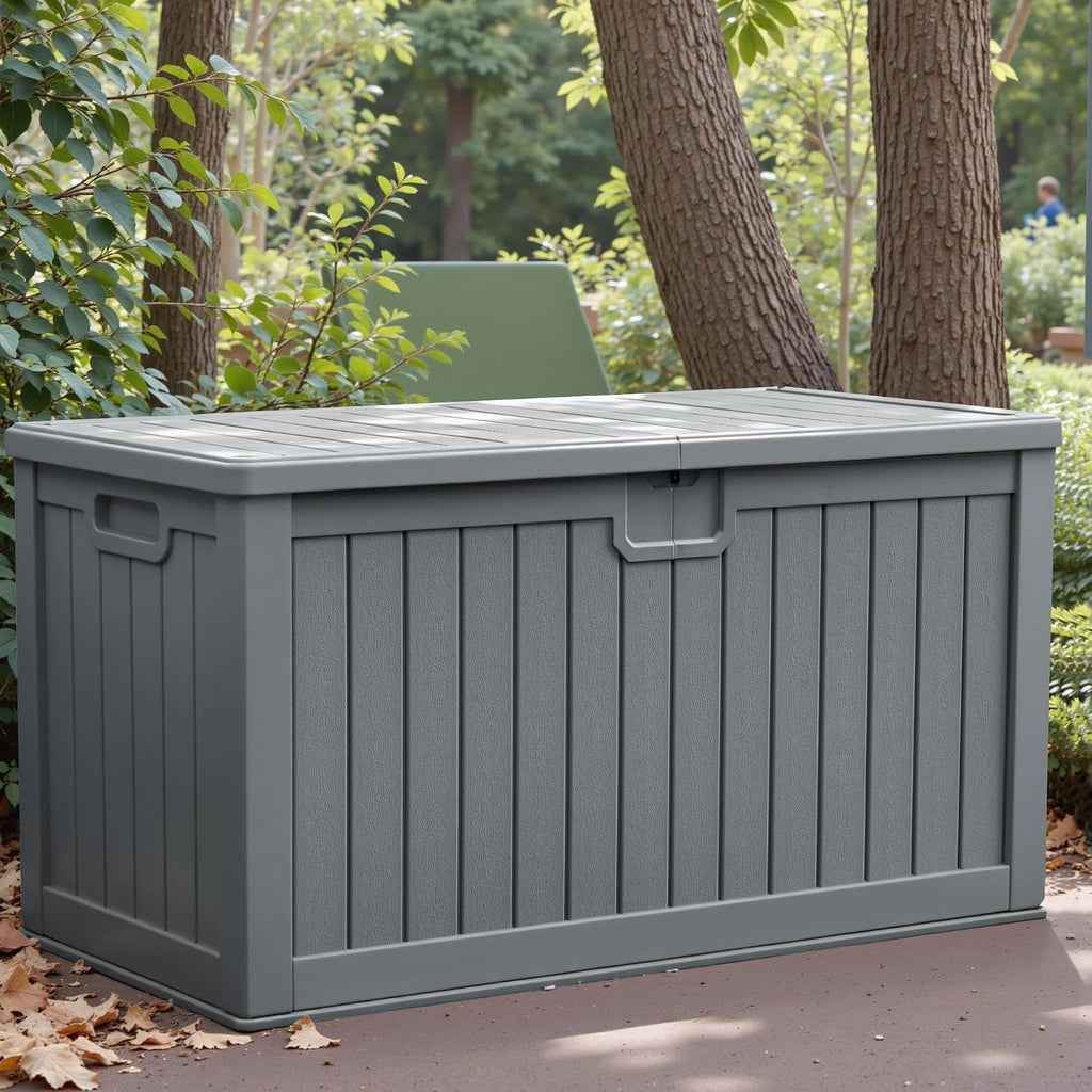 greesum 230 gallon hdpe outdoor storage box with, side view