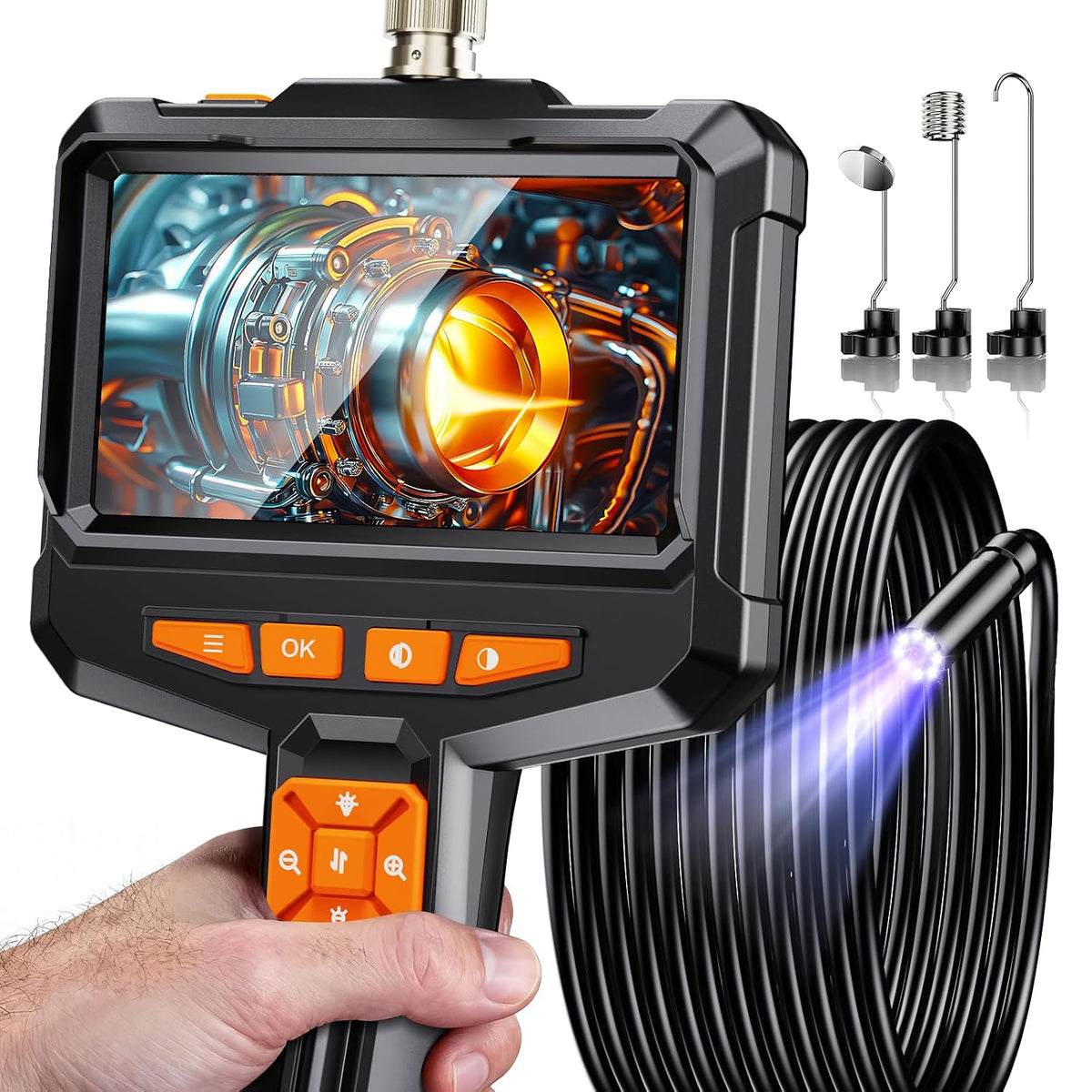 endoscope camera with light, handheld borescope, 4.3" ips shown in use