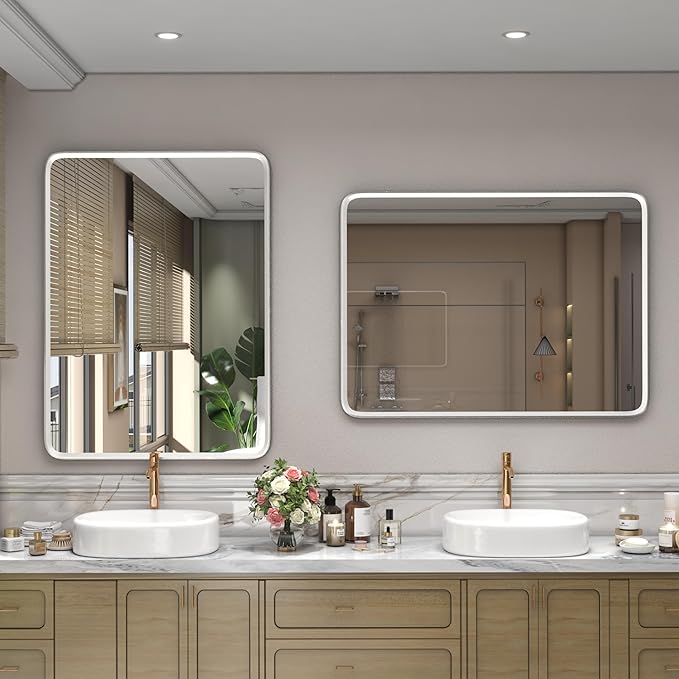 30x36 Inch Silver Bathroom Mirror, Brushed Silver Metal Frame Mirror, Rounded