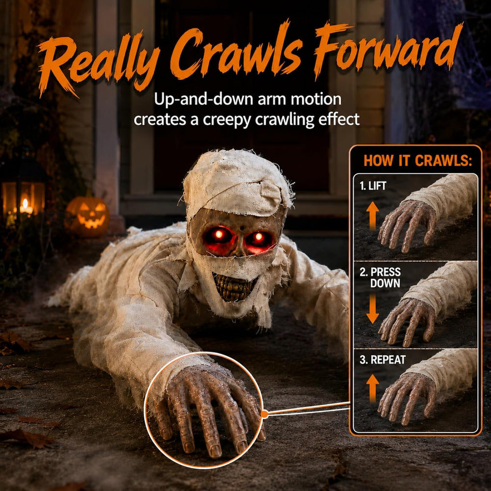 Sound Activated Crawling Mummy Halloween Decoration, Skeleton Face Prop