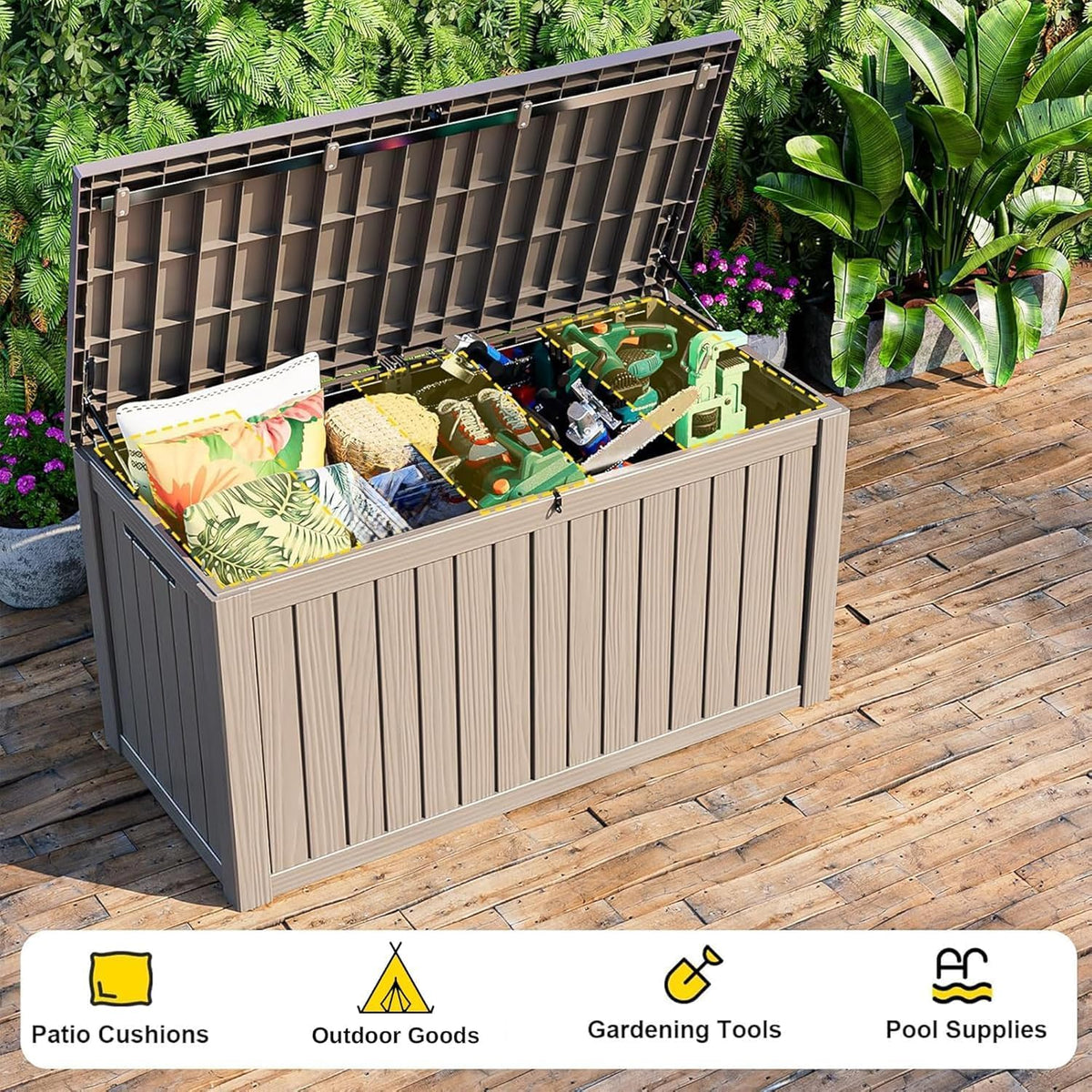 75 gallon waterproof resin deck box, uv resistant, side view
