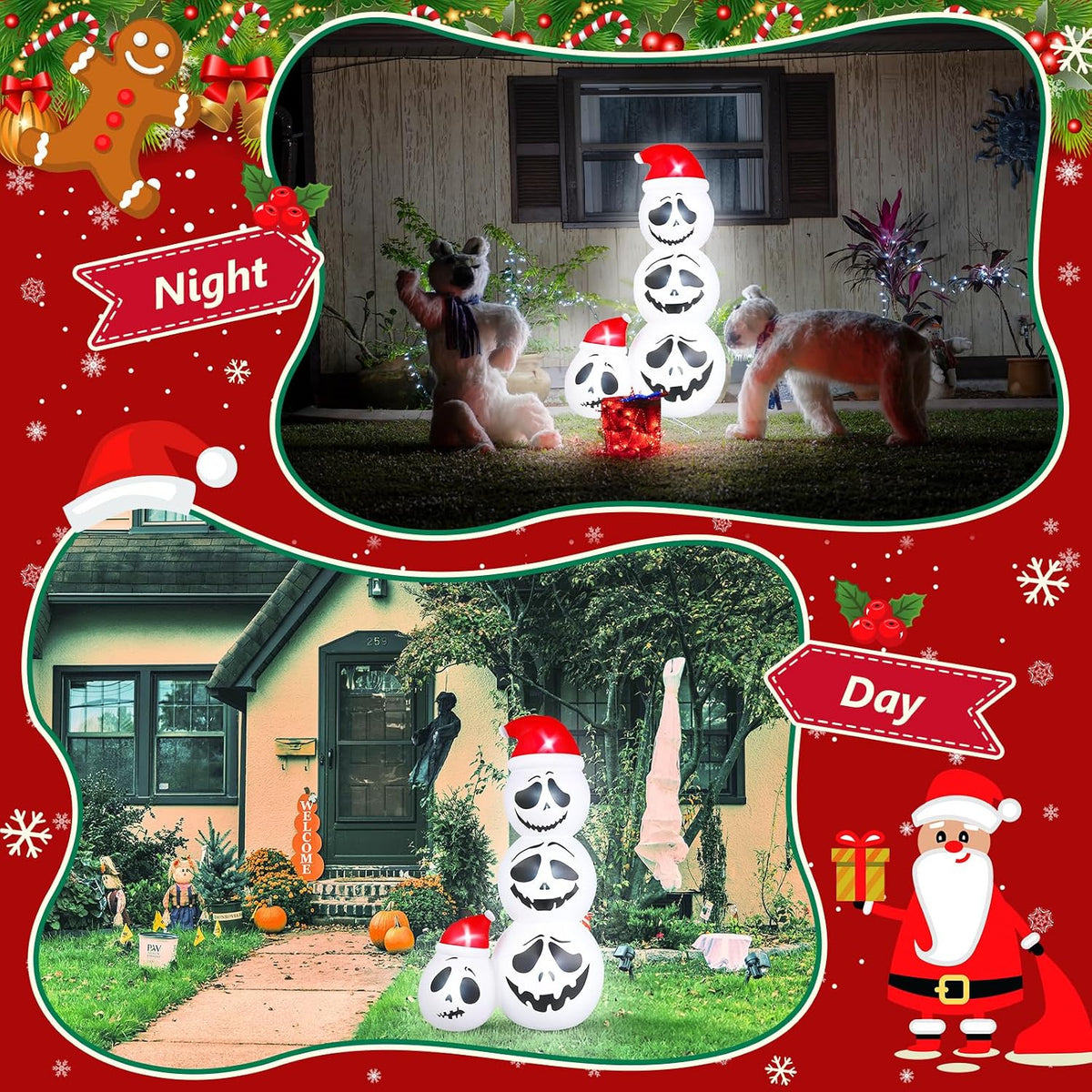Leyndo 6ft Christmas Inflatable, Skeleton Inflatable with Santa Hat Christmas Decorations for Xmas Holiday Party Indoor Outdoor Halloween Garden Lawn Yard Sign, with Build-in LED Lights