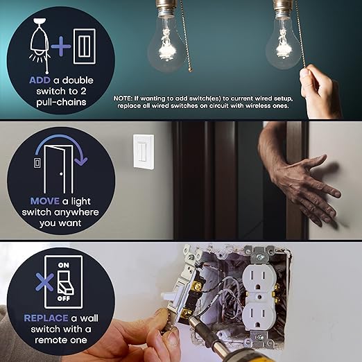 RunLessWire 3-Way Fan & Light Battery-Free DIY Kinetic Wireless Light Switch Kit
