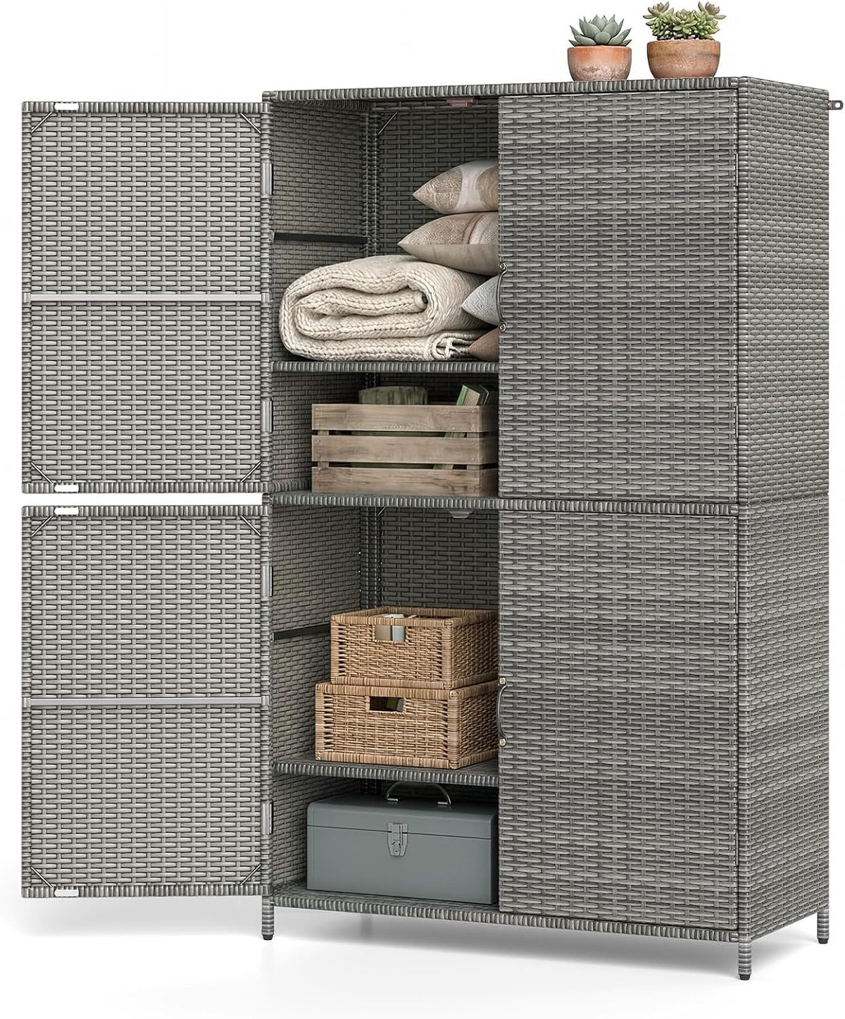 Tangkula Rattan Outdoor Storage Cabinet, Patiojoy Outdoor Cabinet with 2 Adjustable Shelves, 4 Doors, Patio Storage Deck Box Table for Patio Garden Poolside