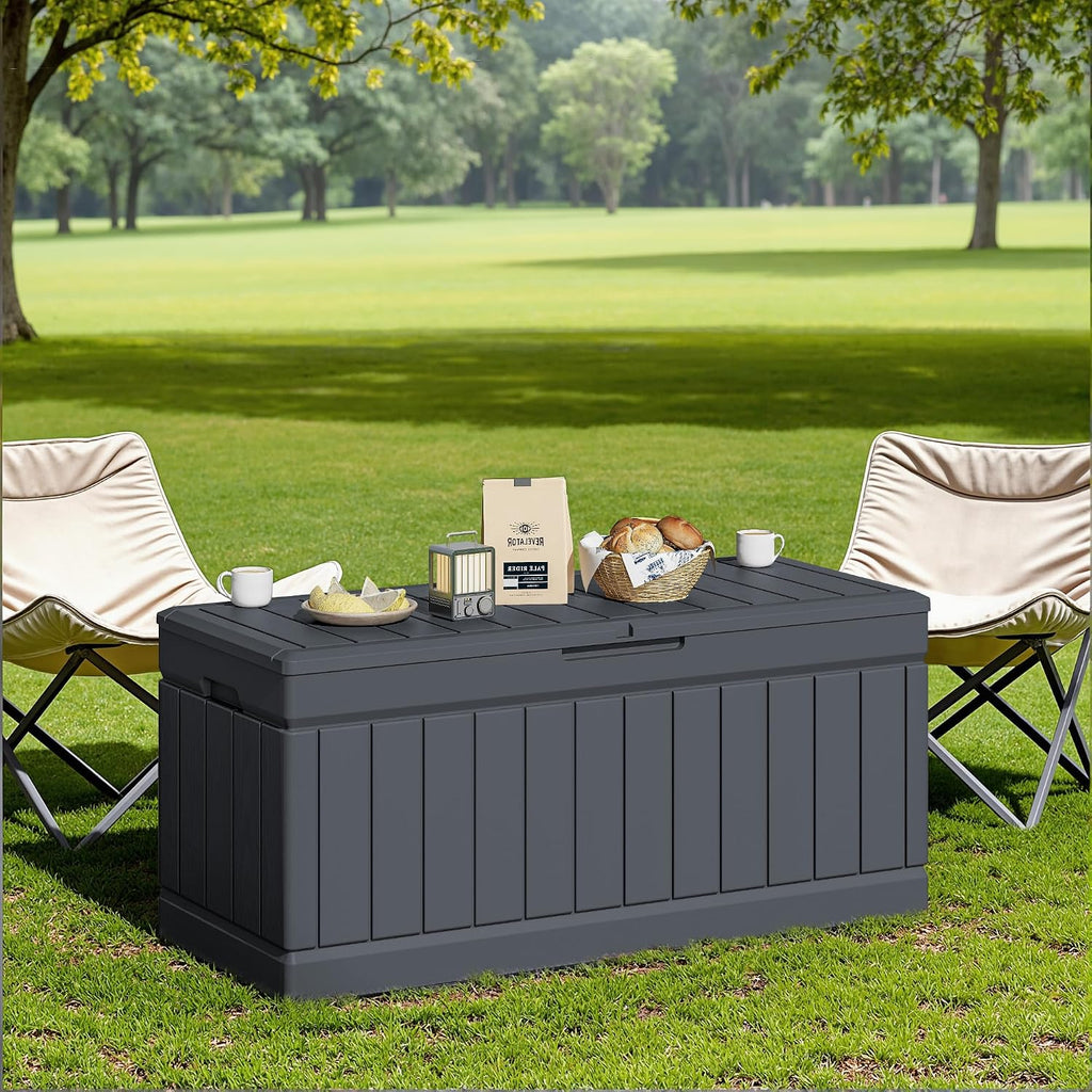 jummico 78 gallon deck box waterproof resin outdoor on a desk or shelf
