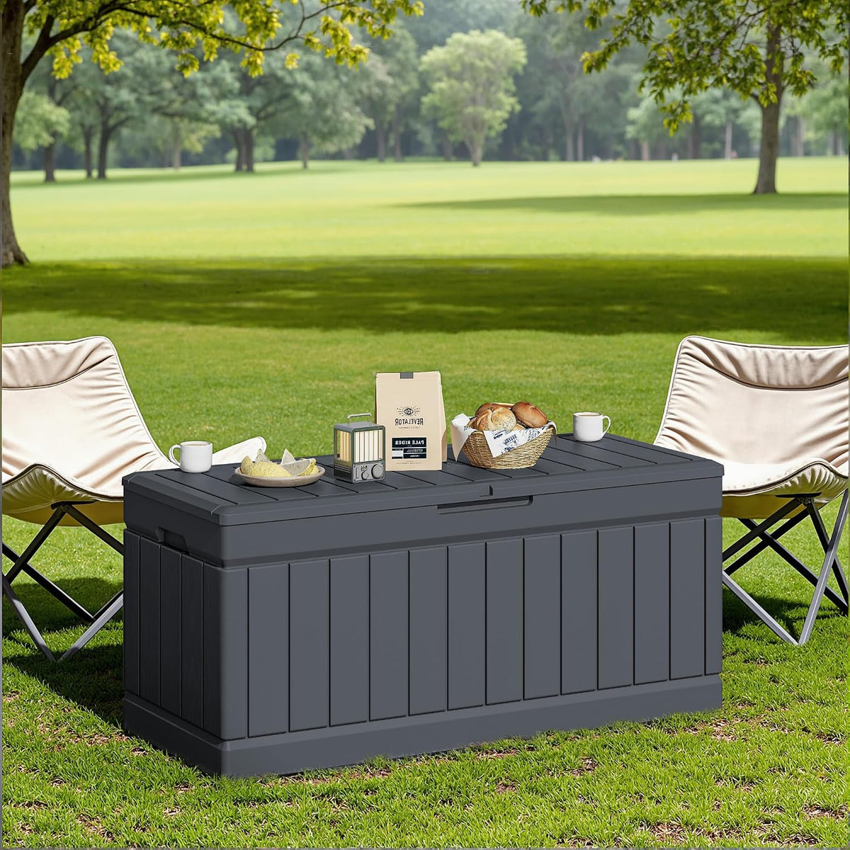jummico 78 gallon deck box waterproof resin outdoor on a desk or shelf