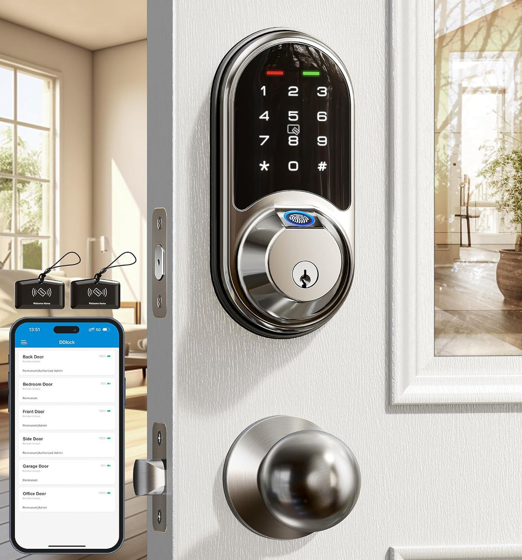 Veise RZ07C Fingerprint Smart Locks Deadbolt 2 Knobs Set, Satin Nickel
