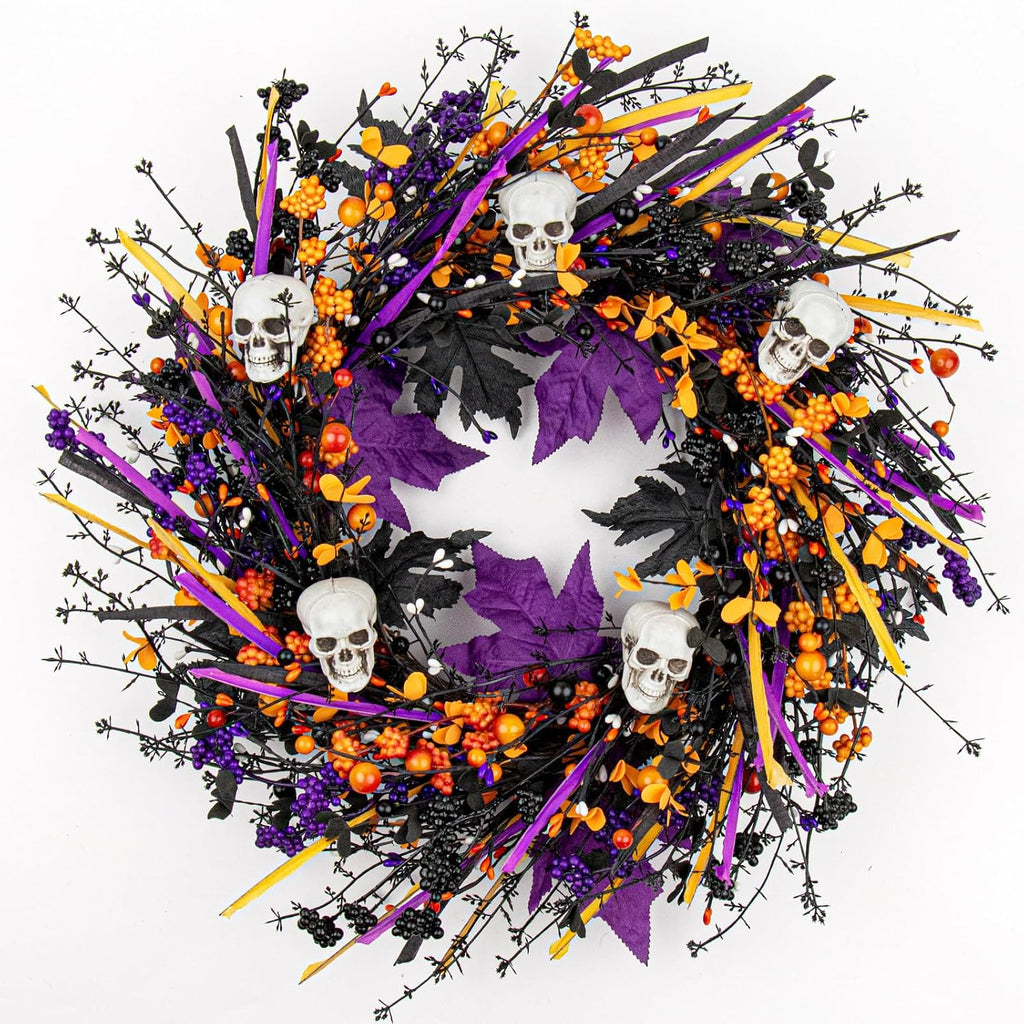 LLZLL Halloween Wreaths for Front Door 22 Inch Halloween Wreath Artificial Skull Wreath with Maple Leaves and Berries for Gothic Decoration
