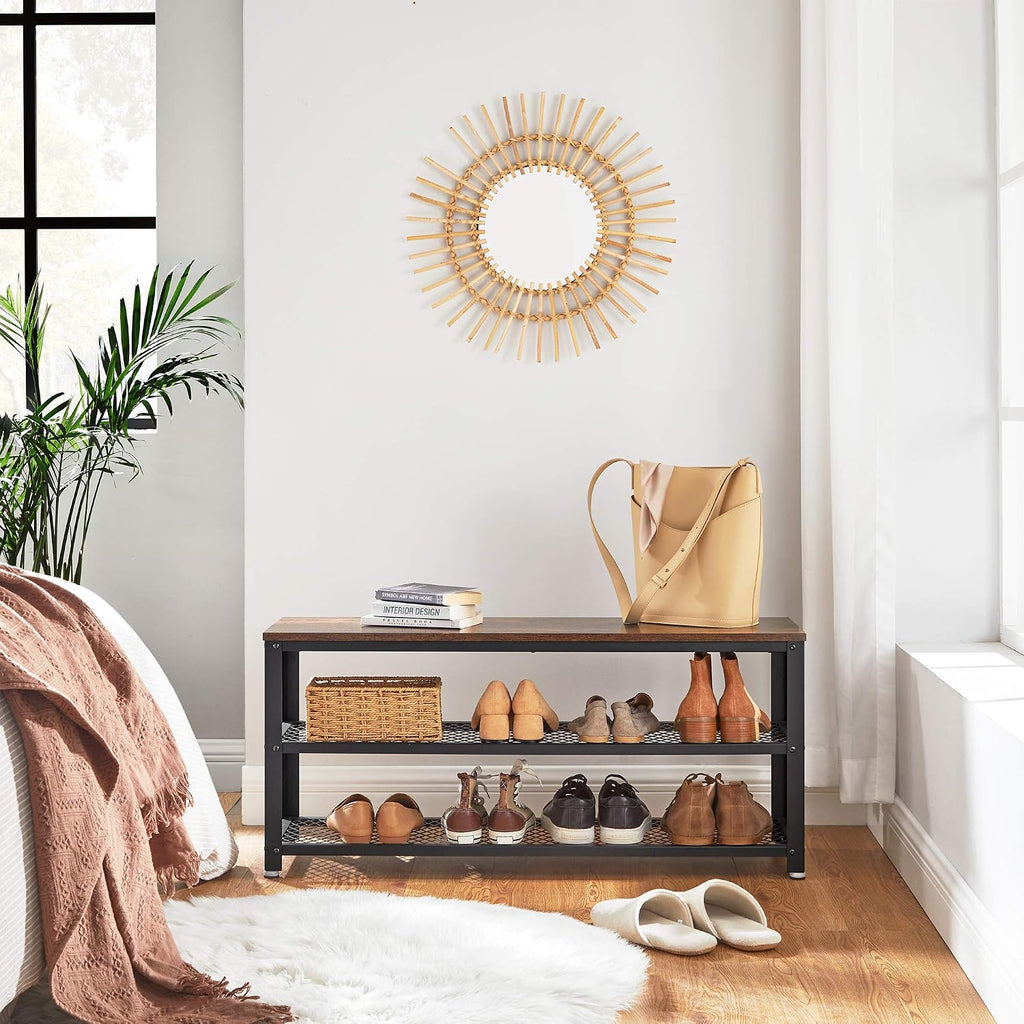 vasagle 3-tier shoe rack, storage bench with metal, side view