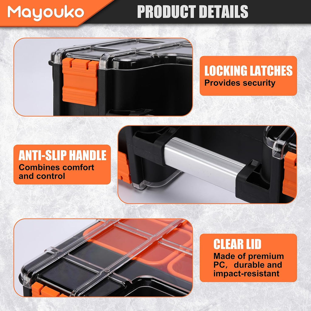 Mayouko Double Side Tool Box with Transparent Lid, 8 Movable Small Trays & Removable Dividers, Multi-Function Small Parts Organizer, for Hardware, Screws, Bricks, Nails, Jewelry and Fishing Tackle