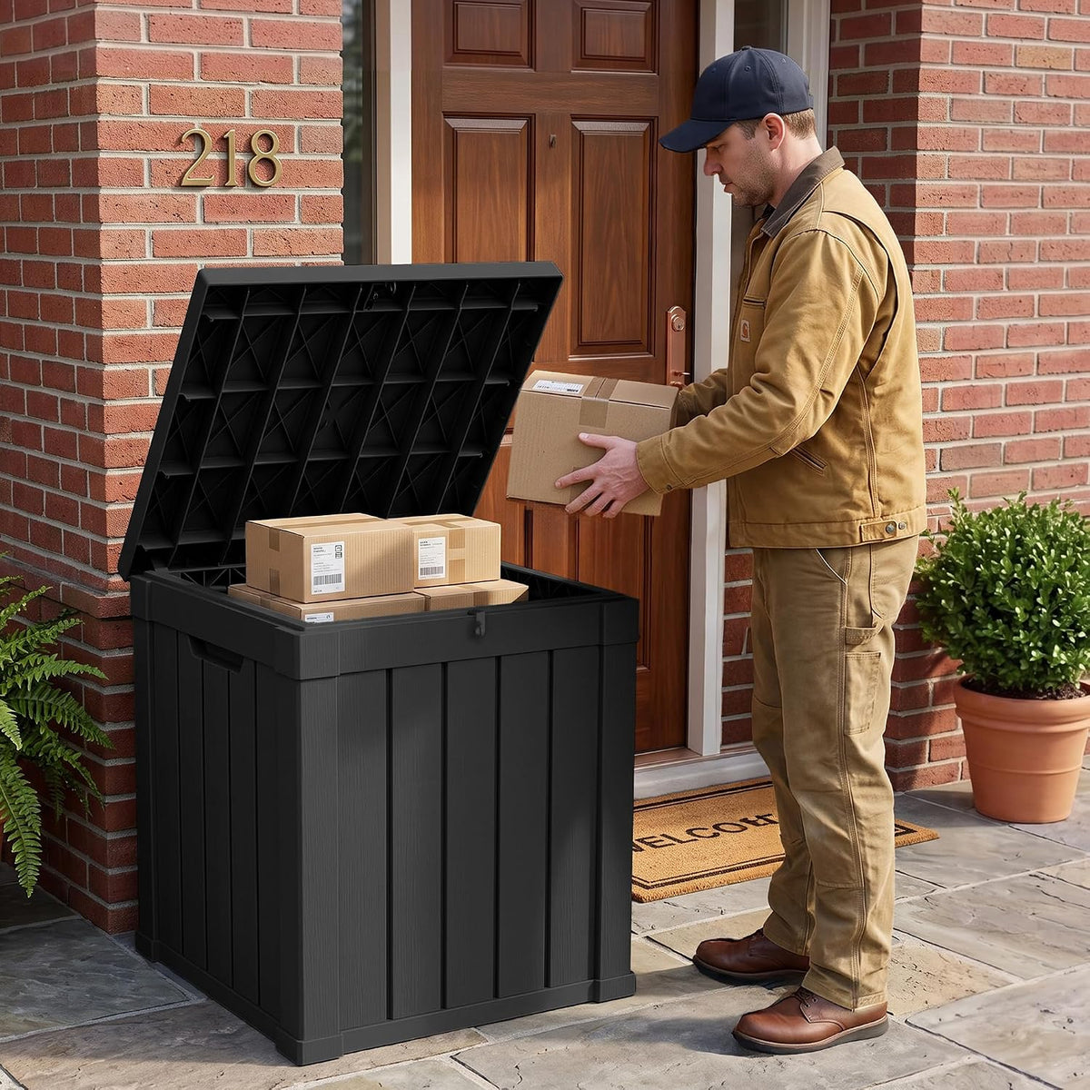 outdoor storage box, 70 gallon waterproof package delivery on a desk or shelf