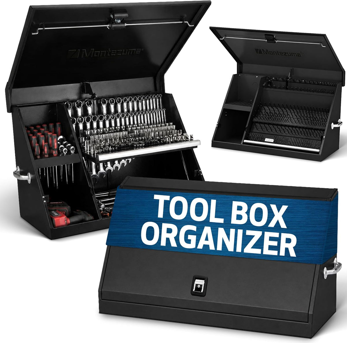 Montezuma – XL450B – 36-Inch Portable TRIANGLE Toolbox – Multi-Tier Design – 16-Gauge Construction – SAE and Metric Tool Chest – Weather-Resistant Toolbox – Lock and Latching System, Black