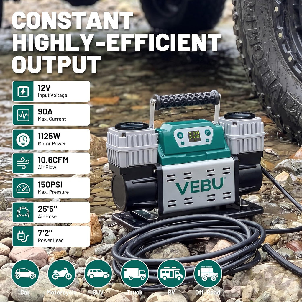 ‌Off-road Air Compressor 12V Tire Inflator, 150PSI with Auto Shut Off, Digital Display & Preset, 10.6CFM Fast Inflation for Off-road Vehicles, Trucks, SUVs, RVs, ATVs