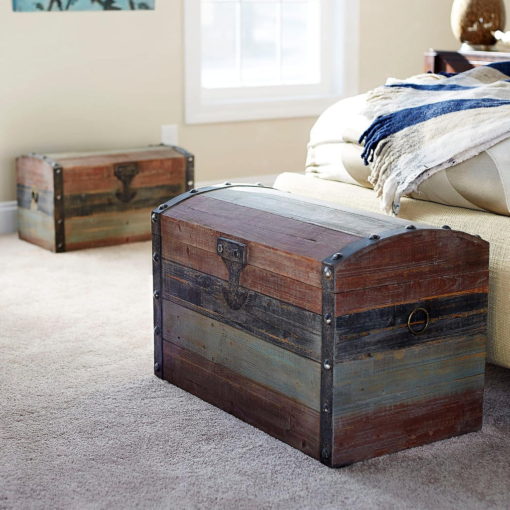household essentials large wooden storage trunk, weathered wood shown in use