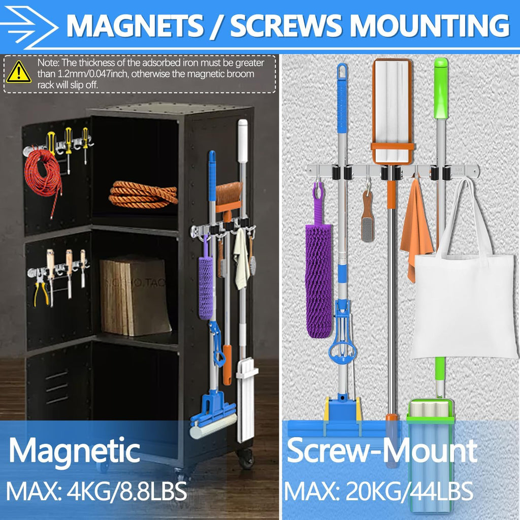 3-H Magnetic Broom Holder, 2 Pack, 3 Racks & 4 Hooks, Silver