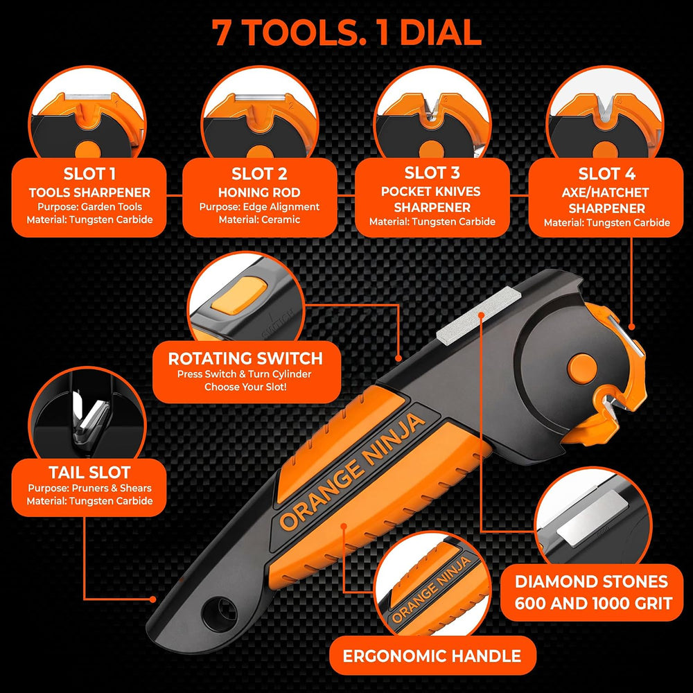 Orange Ninja 7-in-1 Garden Tool & Knife Sharpener- One Tool for Every Blade