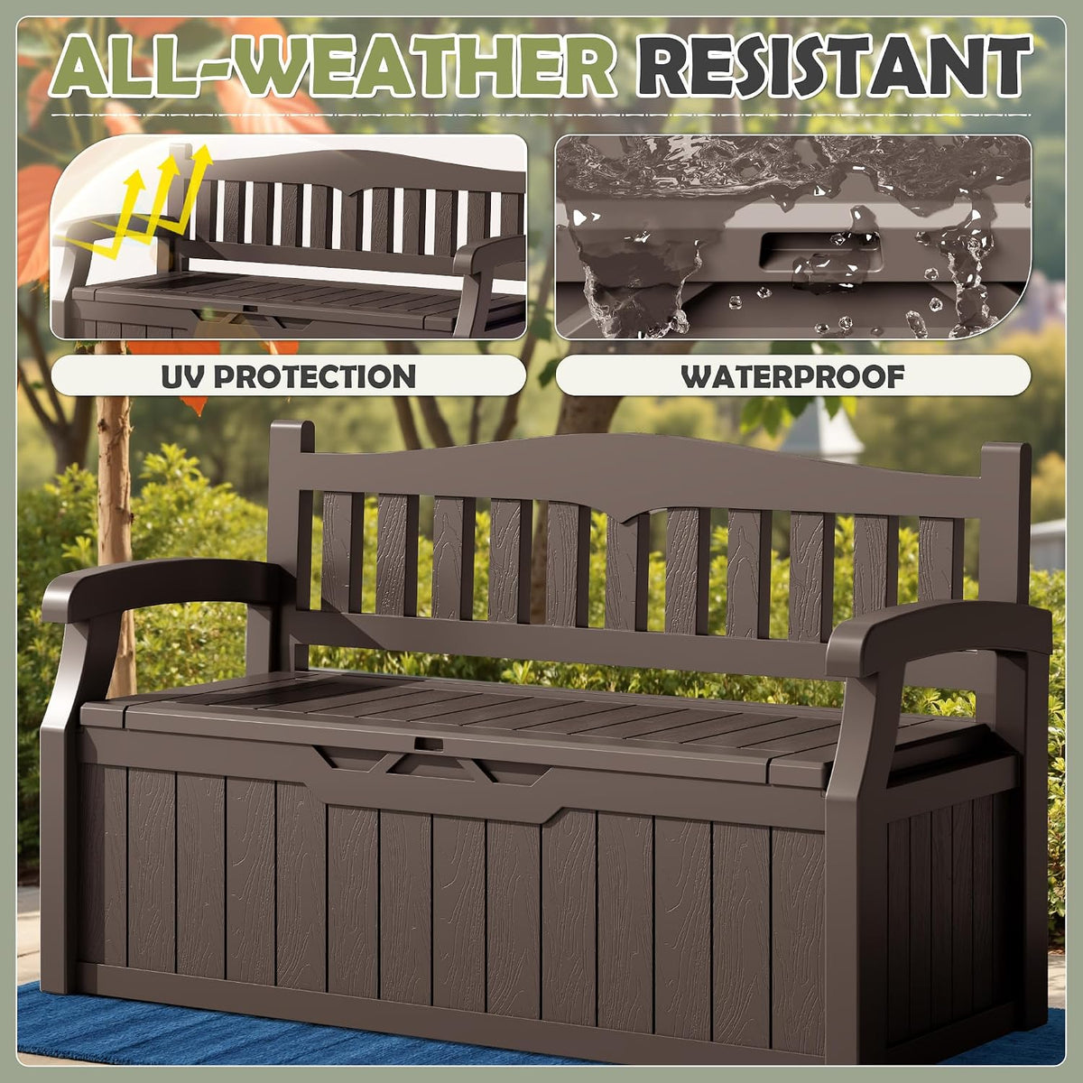 homall 75 gallon outdoor storage benches lockable deck showing dimensions