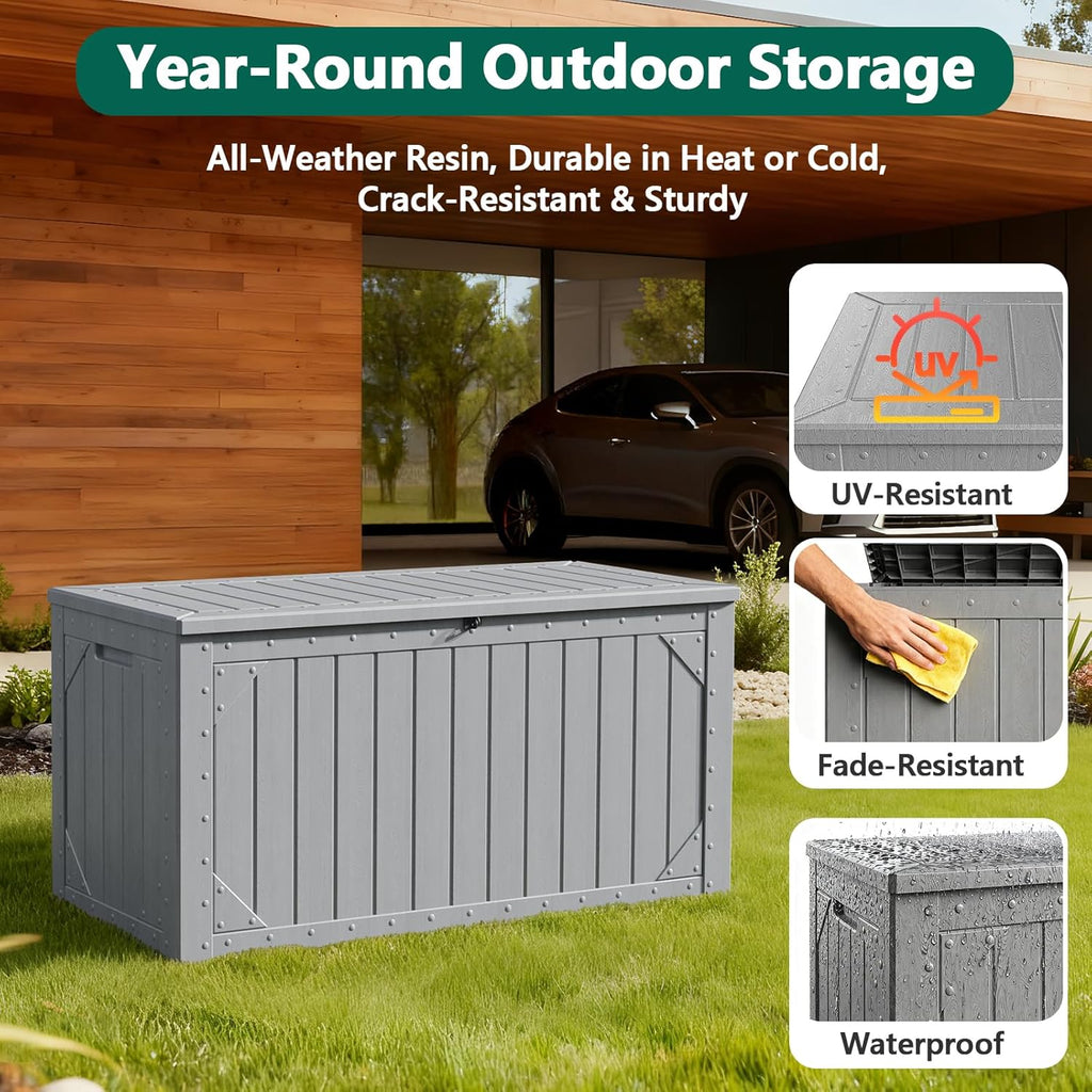 outdoor storage box, 98 gallon deck box, outdoor, close-up detail
