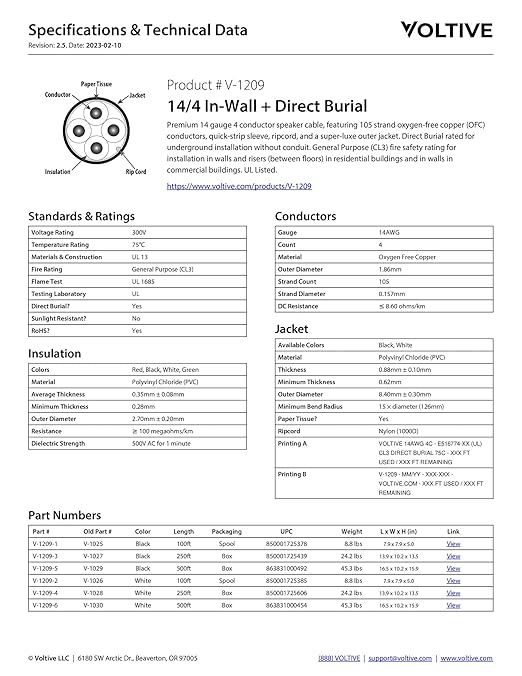 Voltive 14/4 Speaker Wire, in-Wall CL3 & Direct Burial, 100ft