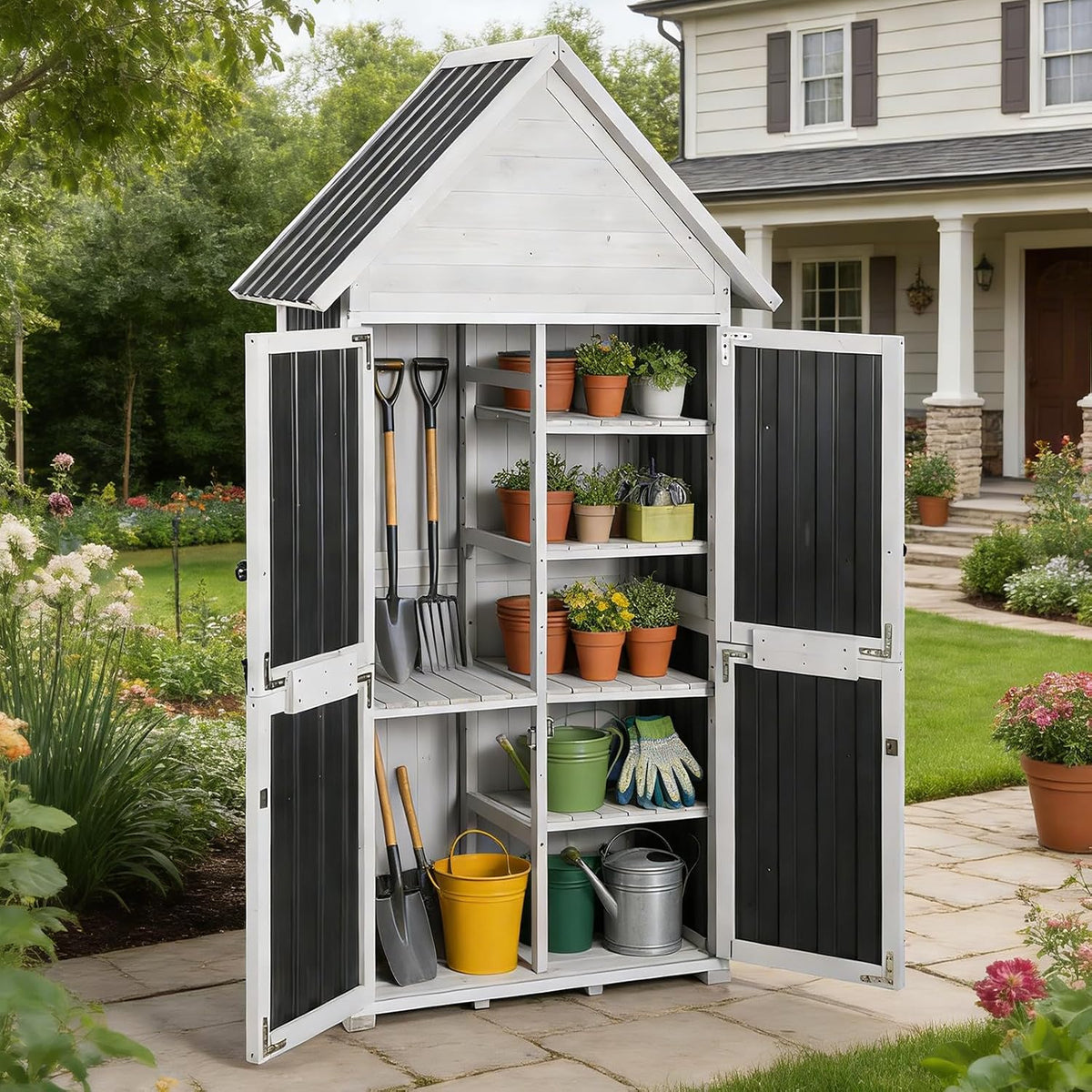 GUTINNEEN Outdoor Storage Shed with All Around Strong Metal Frame, Wooden Tool House with Floor & Adjustable Shelves, Garden Tool Sheds Cabinet for Backyard Garden Patio Lawn 67.1" H (Black＆White)