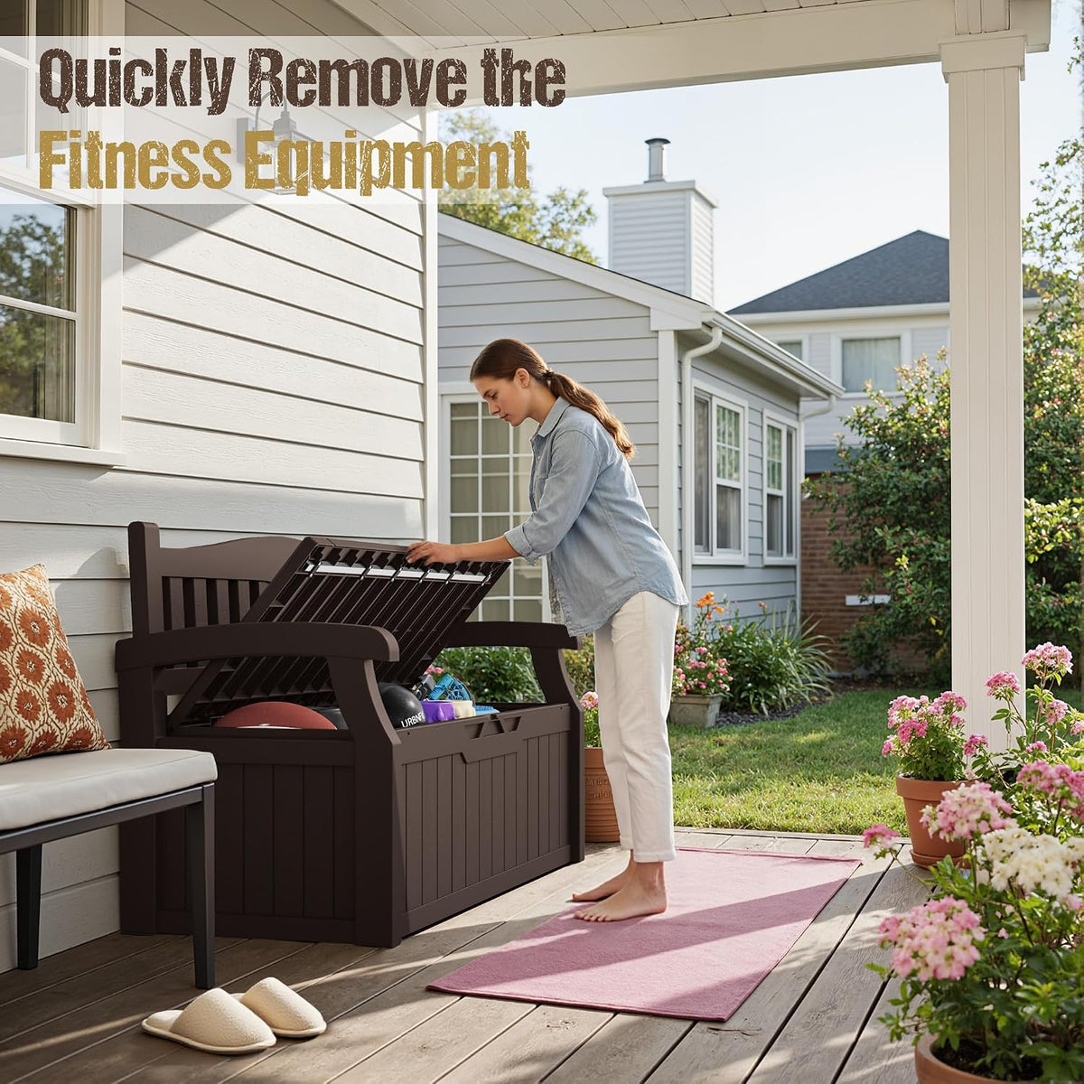 80-gallon outdoor storage bench, waterproof deck box, brown on a desk or shelf