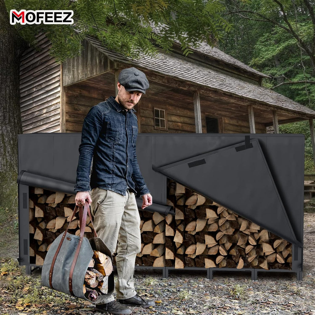 mofeez 8ft firewood log rack cover outdoor, waterproof showing dimensions