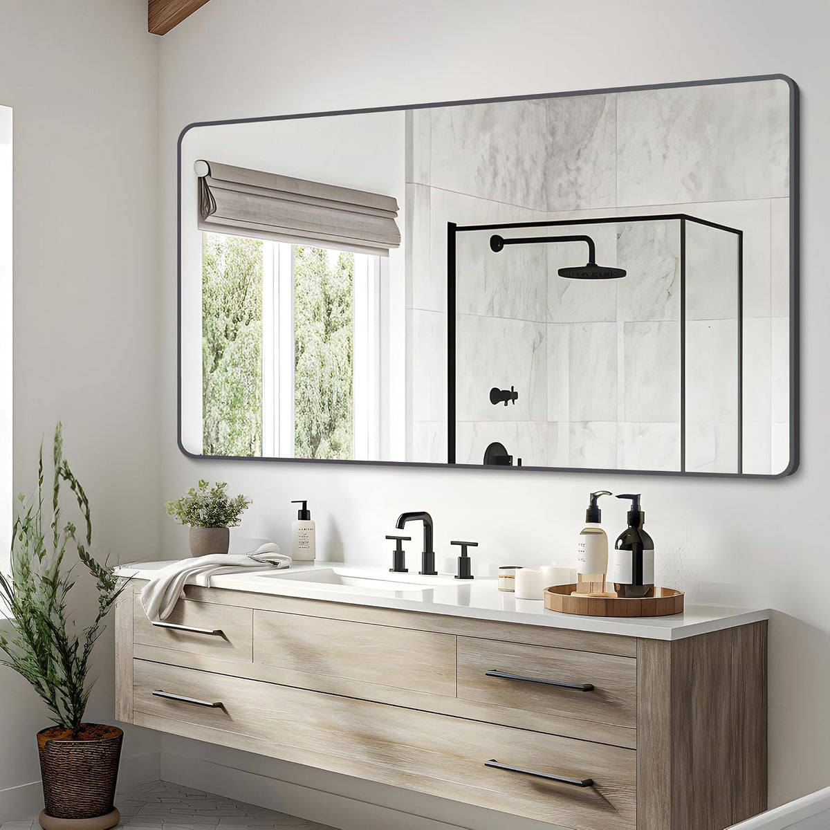 30" x 55"Bathroom Mirror, Matte Black Wall Mirror