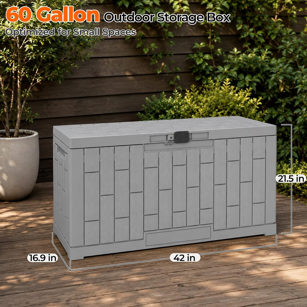 outdoor storage box, 60 gallon waterproof resin patio shown in use