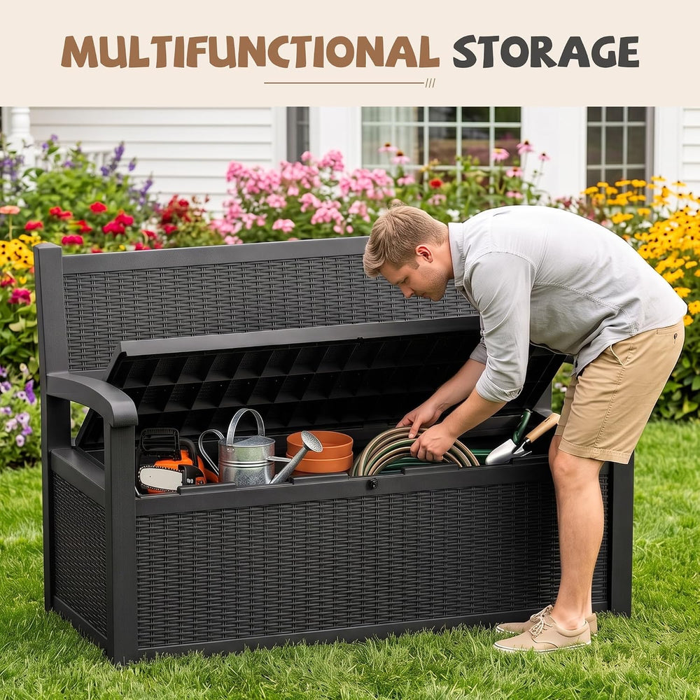EFU Outdoor Bench Storage Deck Box,130 Gallon Waterproof Wicker