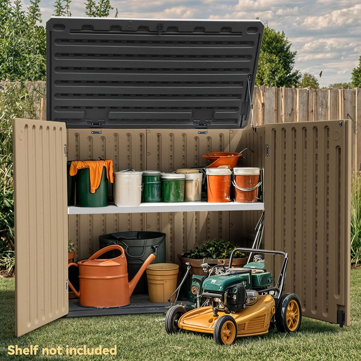 dwvo 35 cuft outdoor horizontal storage, waterproof resin shown in use