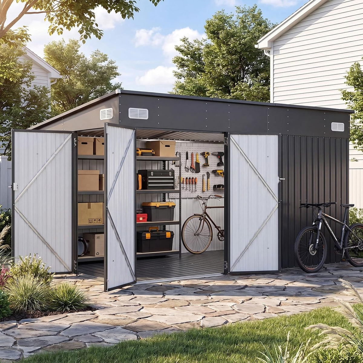 Aoxun 12'x7.5' Outdoor Storage Shed with 3 Lockable Doors & 14mm PP Floor