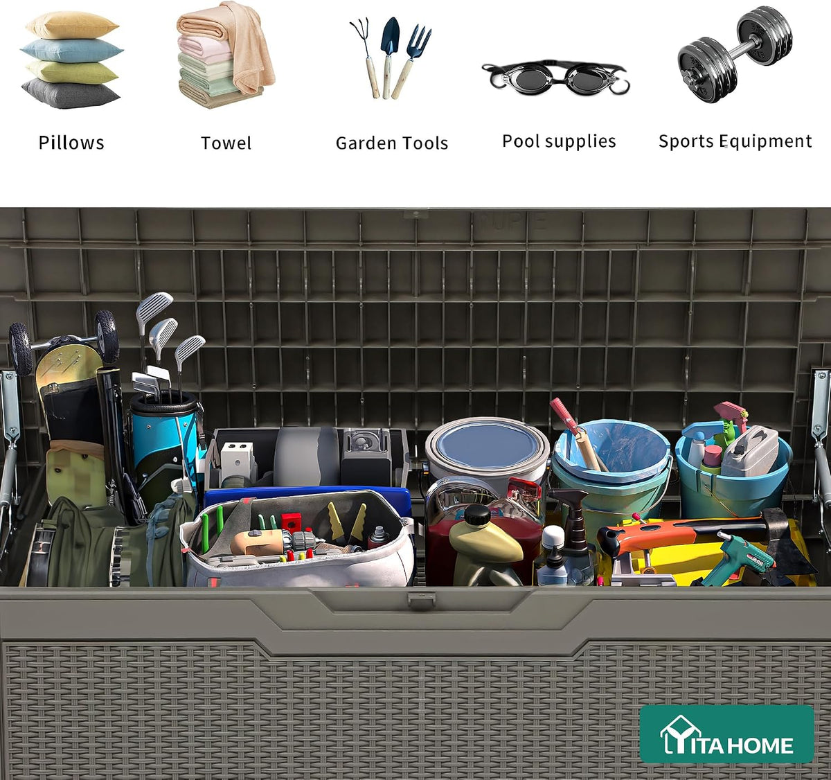 yitahome 80 gallon resin deck box, side view