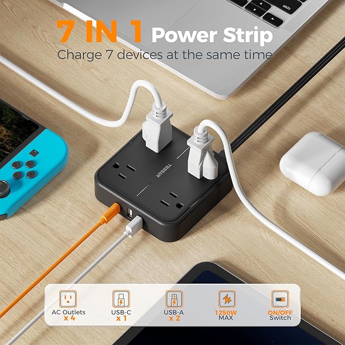 Surge Protector Flat Extension Cord 15FT, TESSAN Flat Plug Power Strip